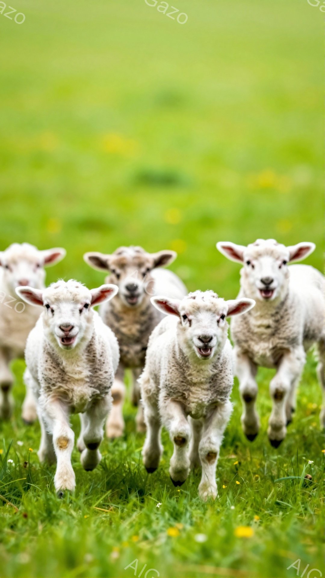 緑の草原を背景に、子羊たちがまっすぐこちらに向かって走ってくる様子が捉えられています。子羊たちはふわふわの白い毛並みを持ち、可愛らしい表情で元気いっぱいに駆け寄ってきます。背景には黄色い小さな花々が点 - AI生成フリー素材