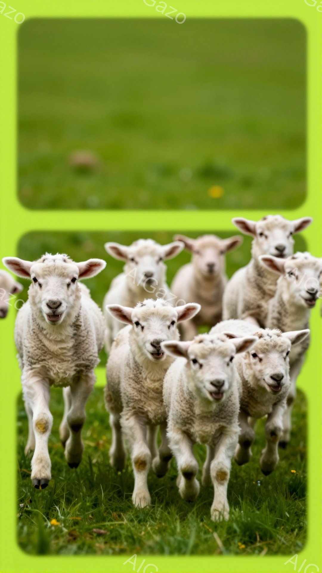 緑の草地を、ふわふわの白い子羊たちが一列になって駆けている。子羊たちは皆、カメラに向かって楽しそうに顔を上げており、生き生きとした様子が伝わってくる。背景には鮮やかな緑が広がり、春の暖かな雰囲気が漂っている。