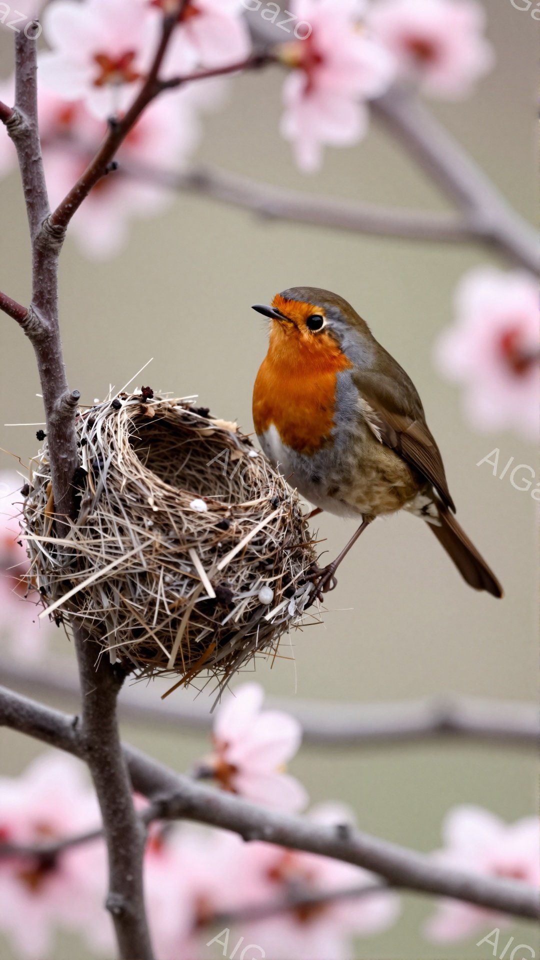 枝に巣を作るアカハラ。赤い胸が特徴的で、少し顔を上げて何かを見ているようです。背景には、淡いピンク色の花がぼんやりと見え、春の訪れを感じさせます。