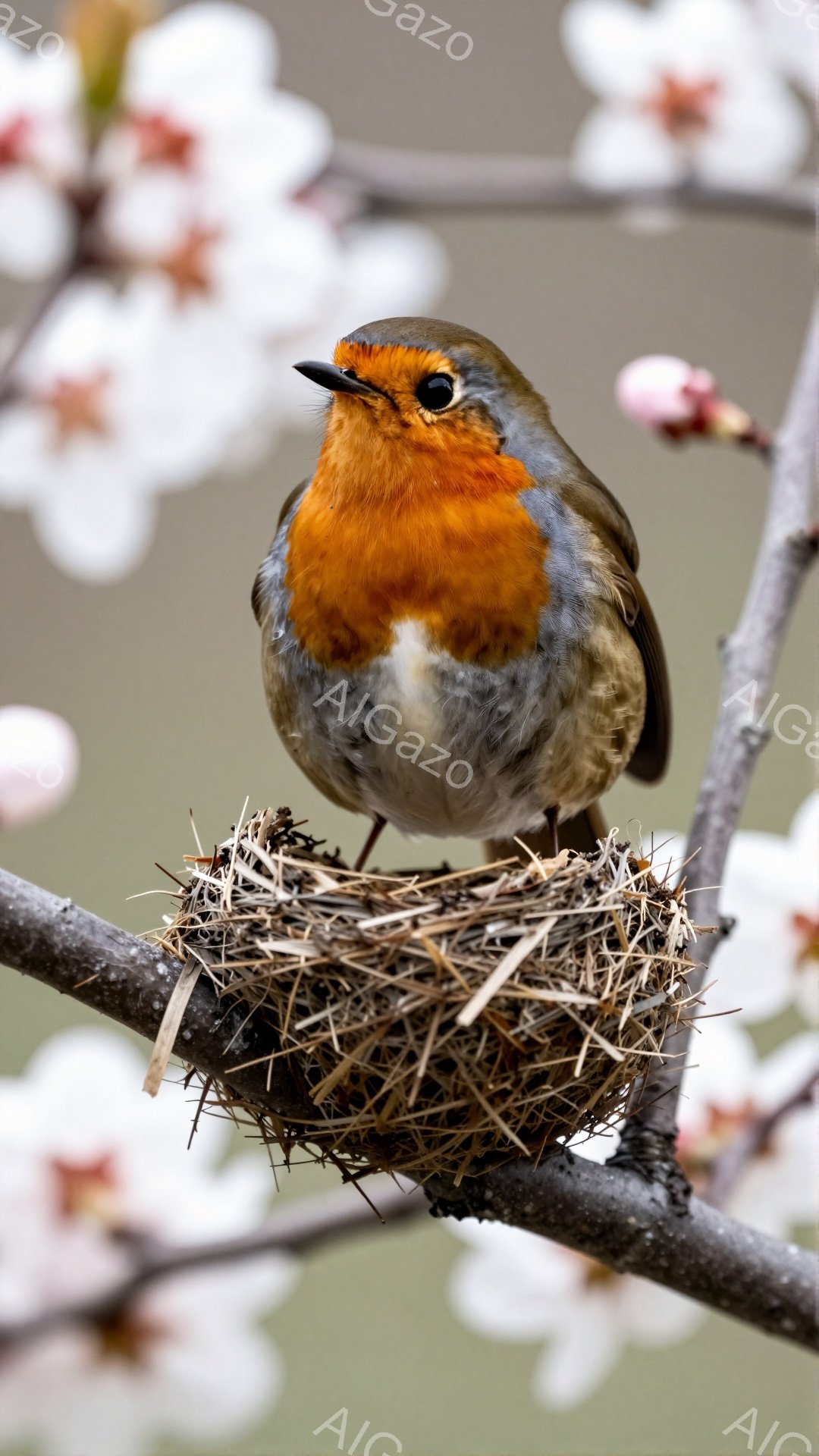赤い胸を持つ可愛らしい鳥が枝についた巣に座っています。背景には薄桃色の桜の花がぼんやりと見え、春の訪れを感じさせます。鳥は何かを見つめるように上を見上げており、穏やかで平和な雰囲気が漂っています。