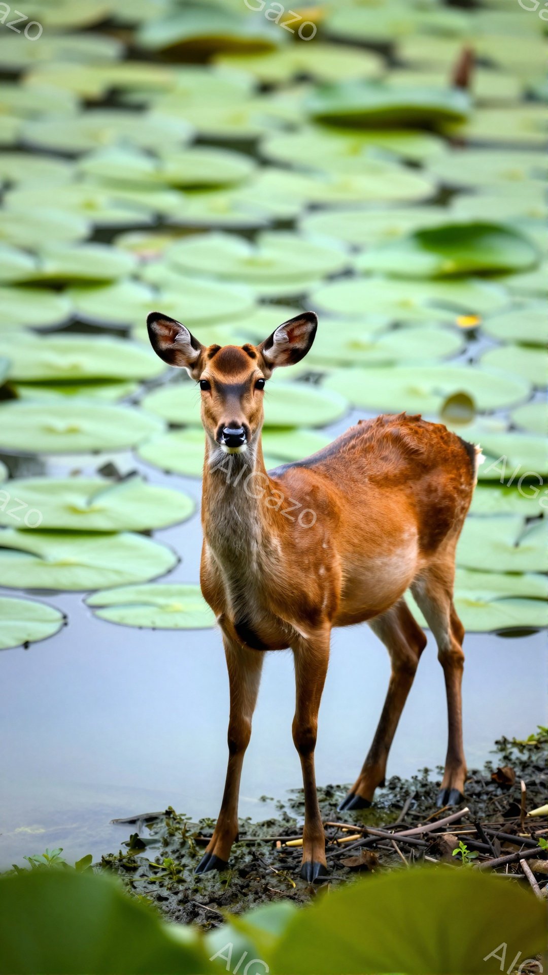 浅い水辺に佇む若いシカが写っている。背景には緑のスイレンが広がり、シカと水面が穏やかなコントラストを生み出している。シカは正面を向き、澄んだ瞳でこちらを見つめている。