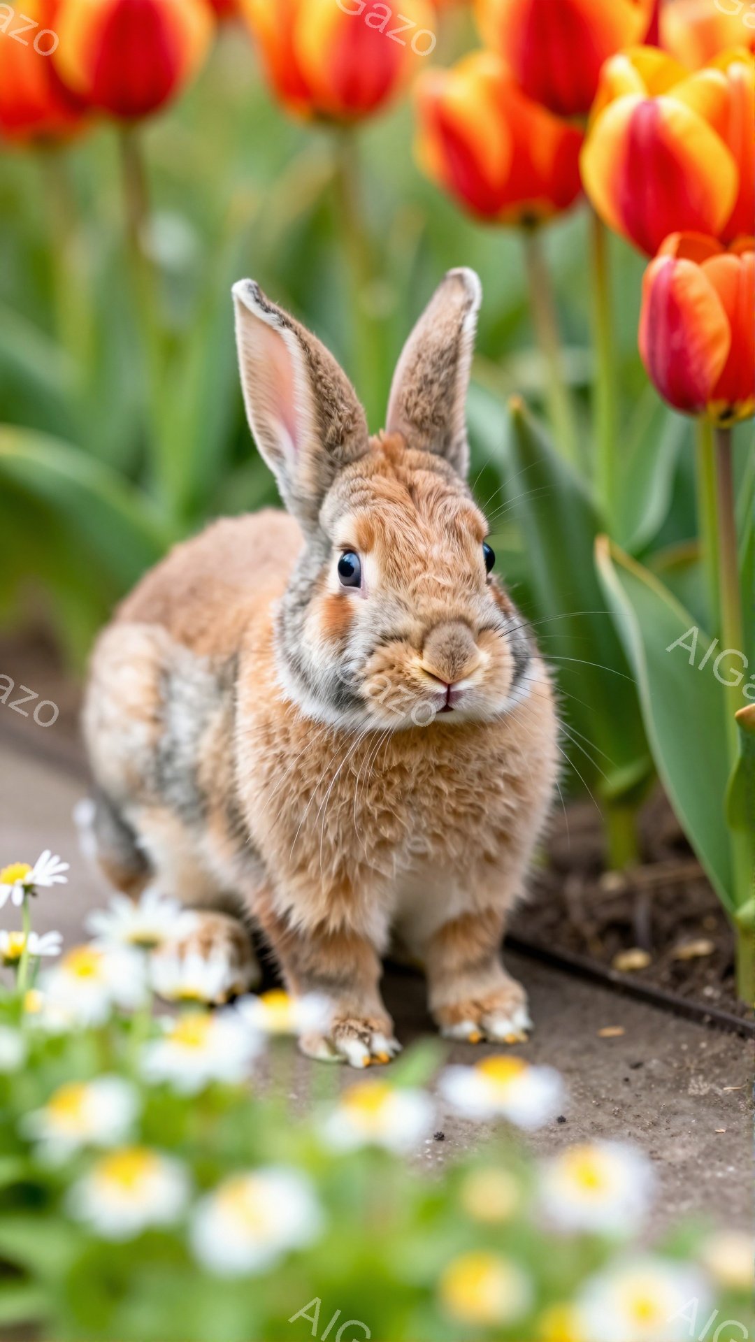 明るい庭に、茶色のウサギが正面を向いて座っています。周囲には赤と白のチューリップが咲き乱れ、春らしい穏やかな雰囲気を醸し出しています。ウサギの毛並みは柔らかく、愛らしい表情が印象的です。