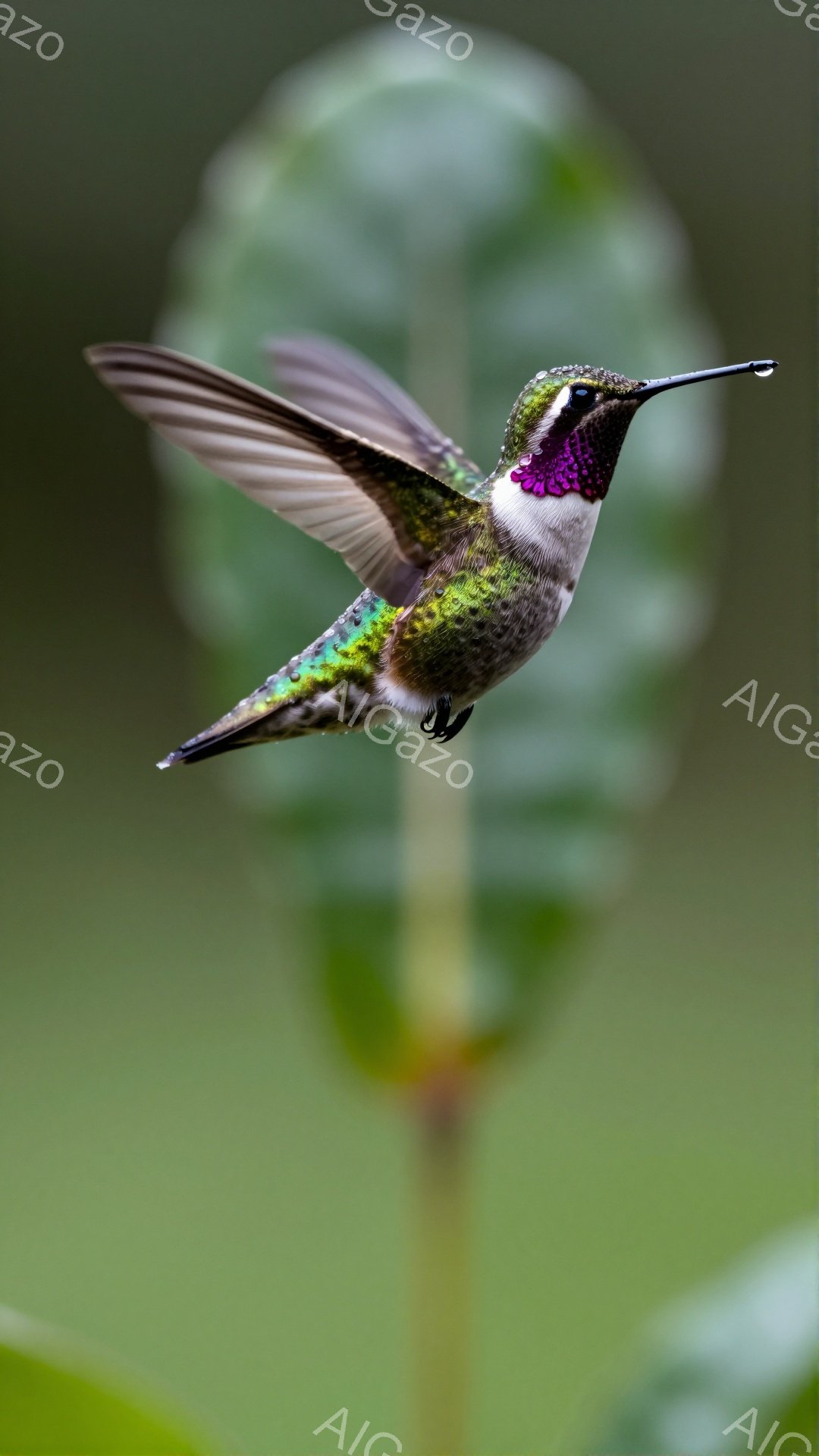 アメリンコハナドリが緑色の植物のそばで羽ばたいている。鮮やかな緑と紫色の羽が目立ち、背景はぼかして焦点が羽ばたく鳥に当てられている。光が柔らかく、生き生きとした自然の瞬間を捉えている。
