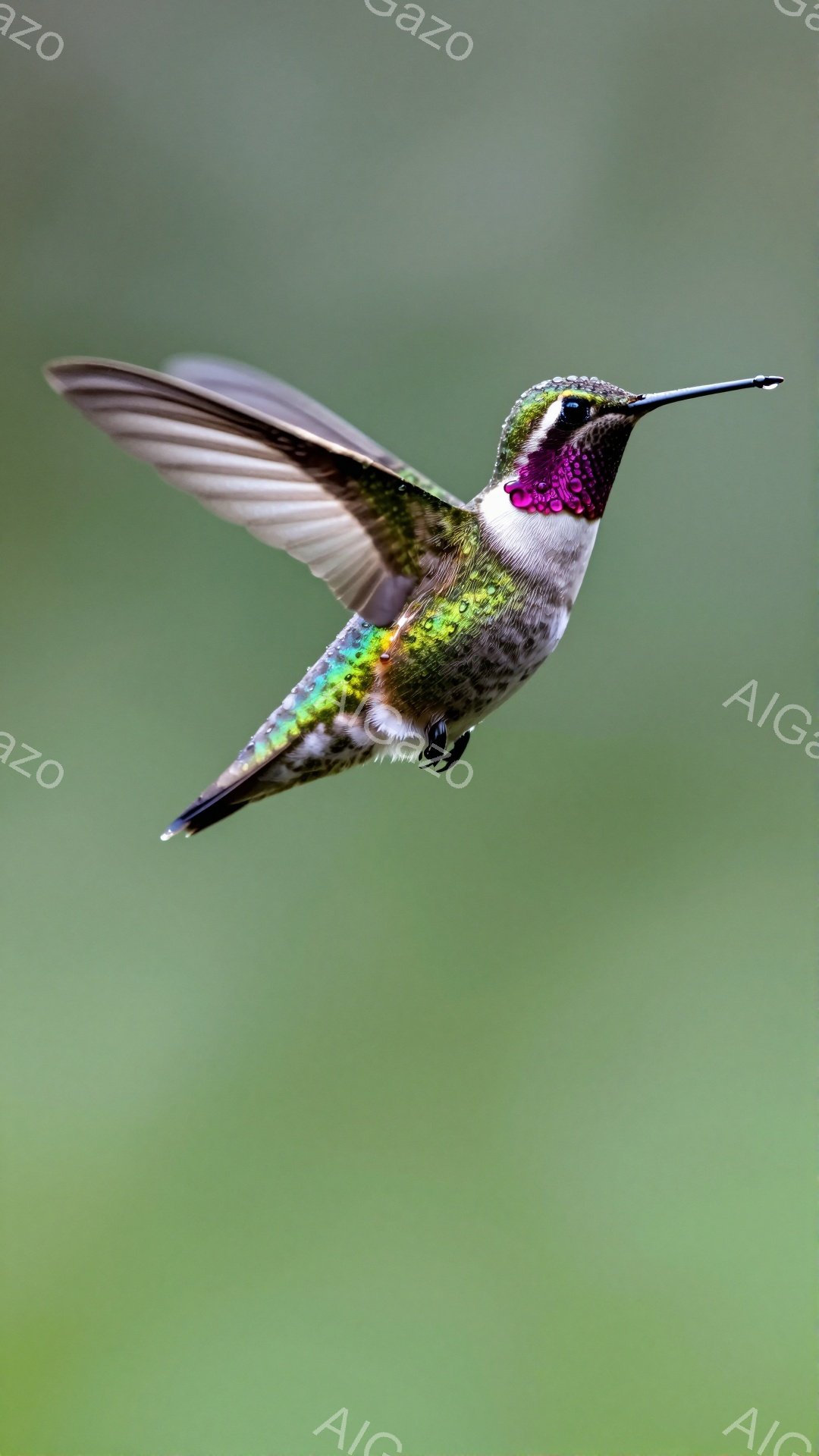 鮮やかな緑色の背景を背景に、ルリハチドリが翼を羽ばたきながら飛んでいる。喉の部分が紫色の輝きを放ち、細長い口ばしで蜜を求めているようだ。羽は動きが速く、鮮明に捉えられている。