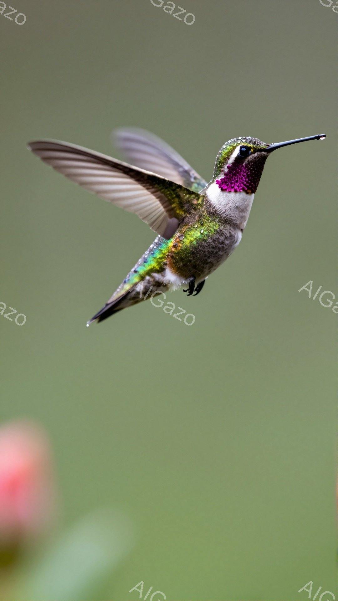 鮮やかな緑と紫色のハチドリが、翼を羽ばたかせながら空中で静止している。背景は柔らかい緑色で、左下にはピンク色の花がぼんやりと見える。このハチドリは、その美しい色彩と動きで、自然の美しさを表現している。