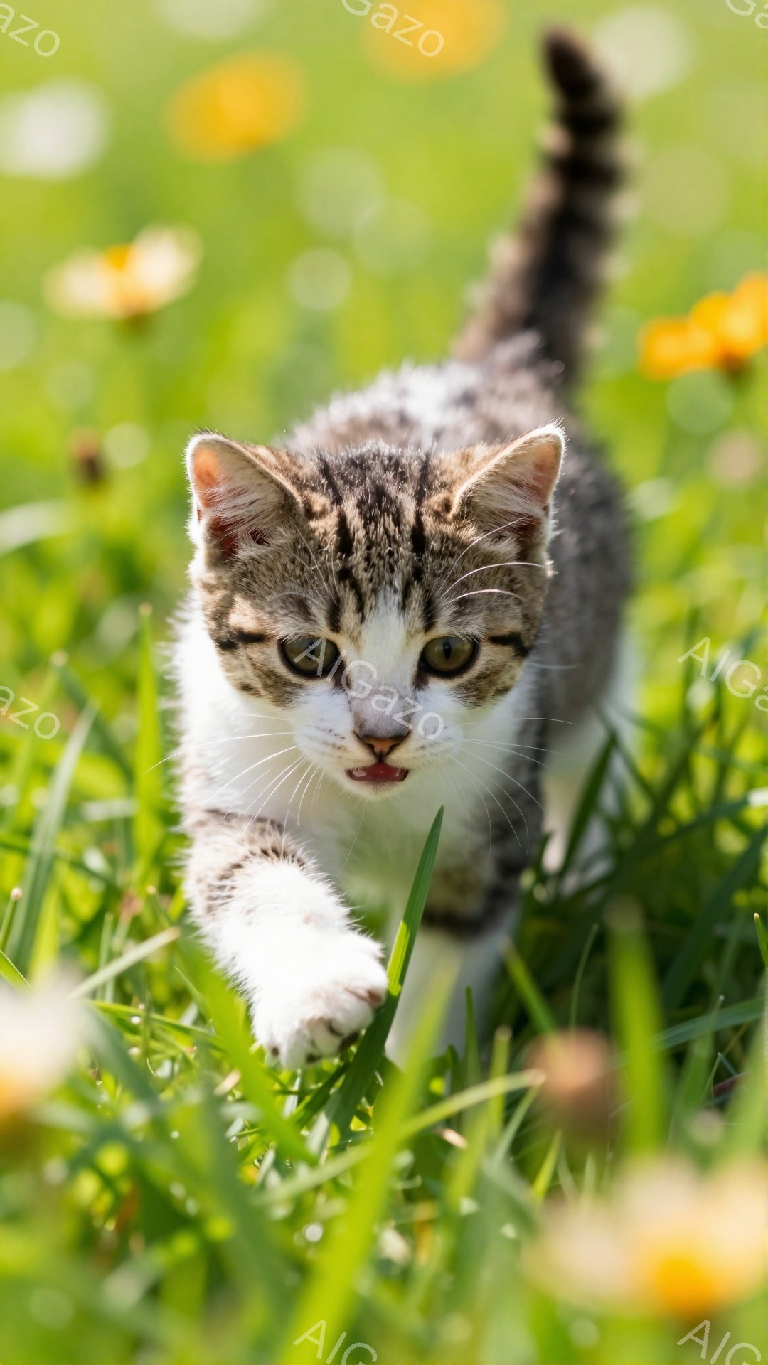 緑の草むらの中を、縞模様の小さな子猫が楽しそうに駆け抜けている。その表情は活発で、好奇心に満ち溢れており、周りの花々とのコントラストが愛らしい。春の暖かな日差しが、子猫の毛並みを明るく照らし出している。