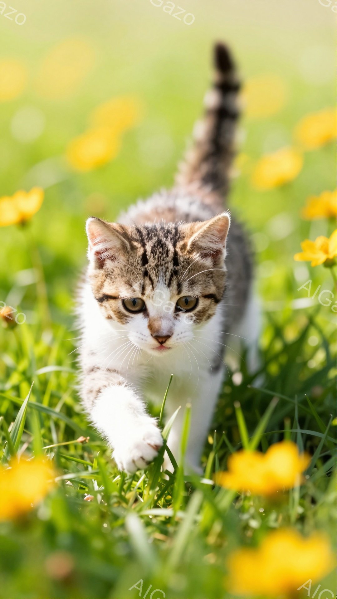 黄色い花が咲く草の上を、縞模様の小さな子猫が歩いている。子猫は前足を伸ばし、何かを追いかけているような活発な様子だ。背景は緑色で、明るく穏やかな雰囲気を感じさせる。