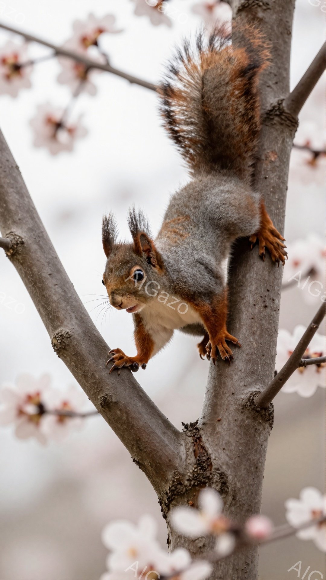 リスが木の枝にしがみついています。毛並みは茶色と灰色で、ふっくらとした尾が特徴的です。背景には薄いピンク色の花がぼんやりと見え、春の訪れを感じさせます。
