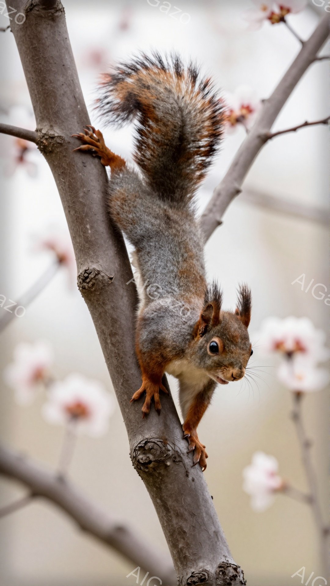 リスが木の幹を逆さまに降りています。ふさふさとした尻尾が特徴的で、興味深そうにこちらを見ています。背景には淡いピンク色の花が咲き、春の訪れを感じさせます。