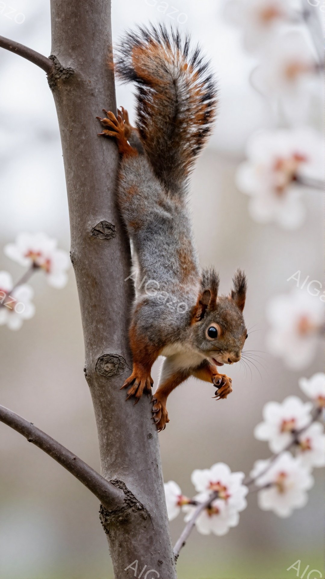 リスが木の幹を逆さまに登っています。ふさふさとした尻尾が特徴的で、背景には白い花がぼんやりと見えます。春の訪れを感じさせる、可愛らしい光景です。
