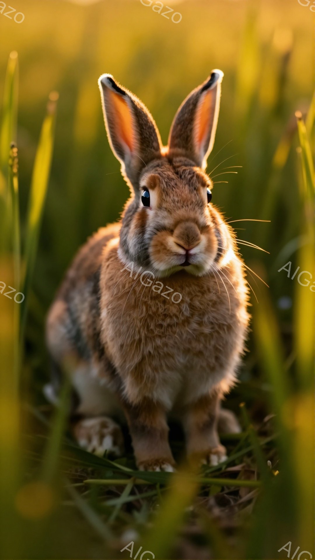 緑の草むらの中で、かわいらしい茶色のウサギがこちらを見ています。大きな耳を立て、好奇心旺盛な表情を浮かべており、柔らかい光が全体を包み込んでいます。背景はぼやけており、ウサギが際立つように強調されています。