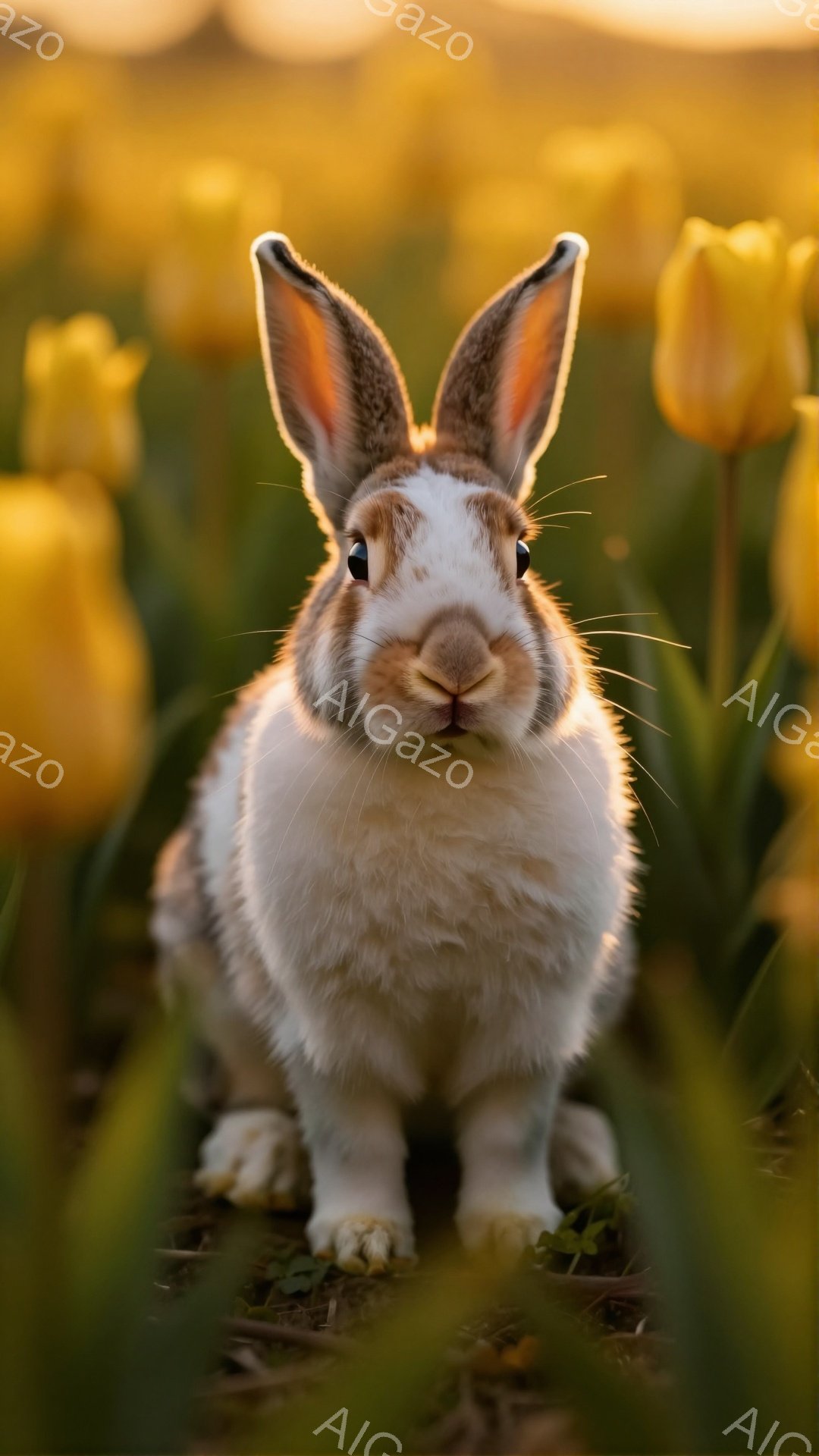 白と茶色のウサギが黄色いチューリップ畑の中で正面を見つめています。毛並みは滑らかで、大きな耳をピンと立てています。背景はぼやけており、暖かく穏やかな雰囲気です。 - AI生成フリー素材
