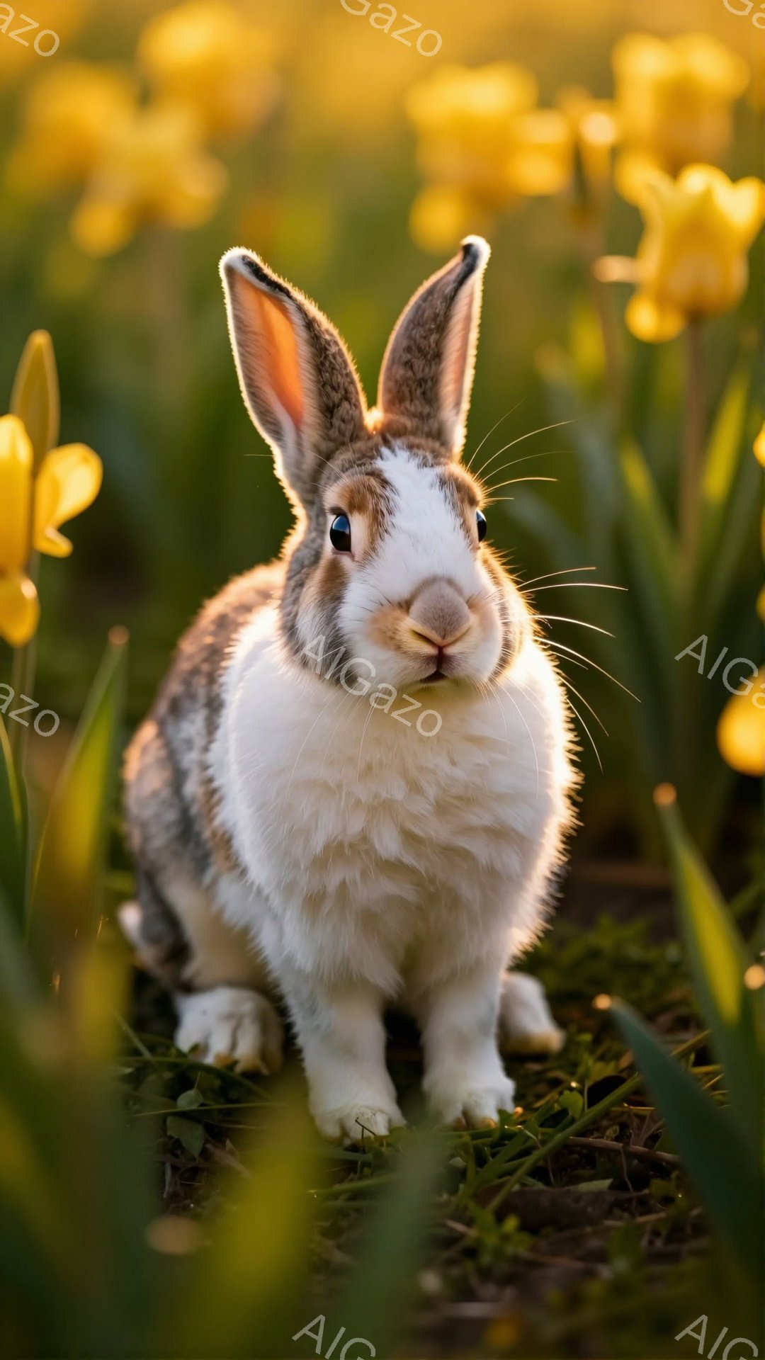 白と茶色の毛並みを持つウサギが、緑の草の上に座ってこちらを見ている。背景には黄色い花がぼやけて写っており、春らしい穏やかな雰囲気が漂っている。ウサギのつぶらな瞳と可愛らしい姿が印象的だ。 - AI生成フリー素材