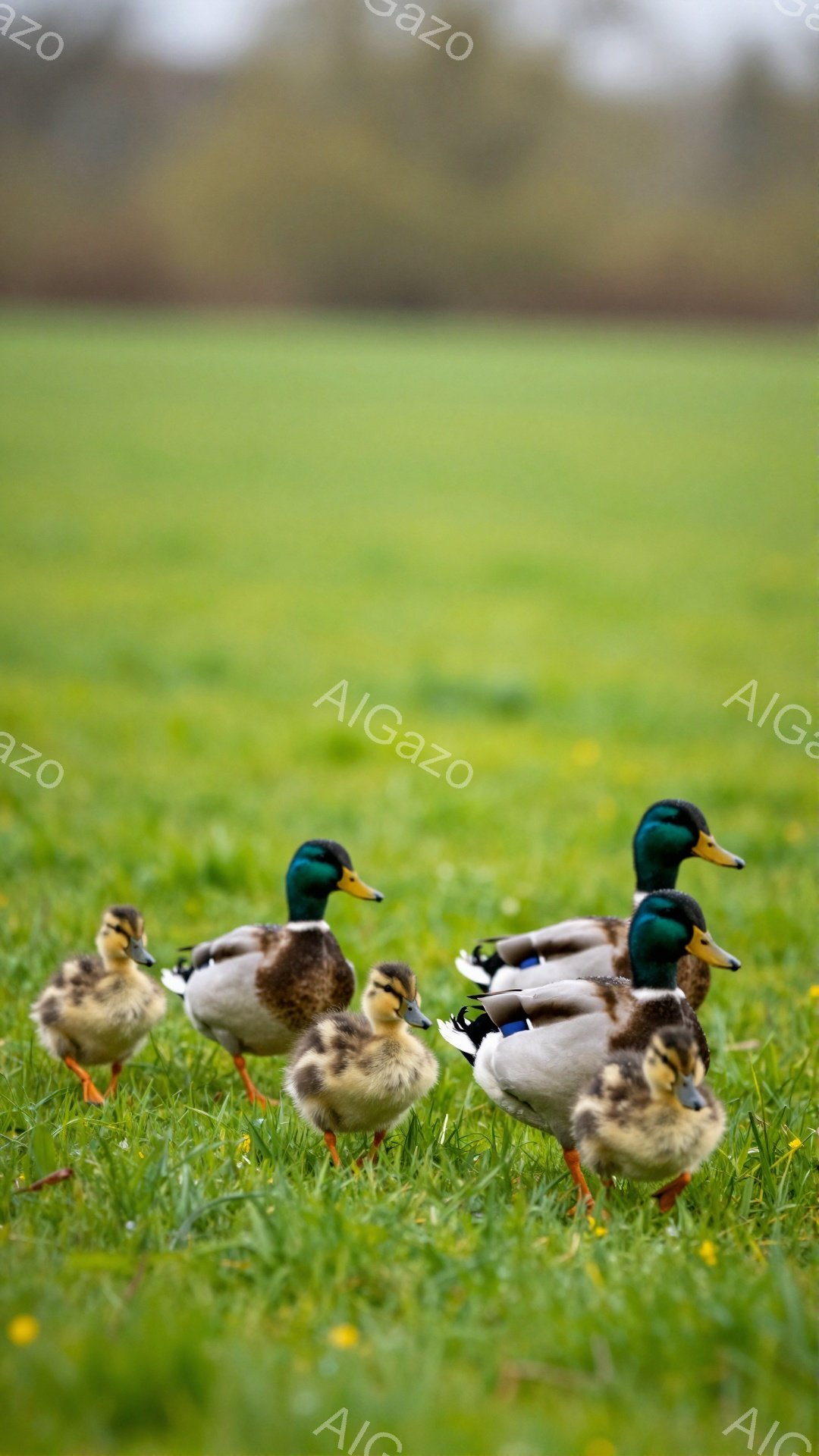 広々とした緑の草原を、アヒルの親子が歩いている。親アヒルの鮮やかな緑色の頭部と、ふわふわの黄色い毛並みの子アヒルの対比が印象的だ。穏やかな春の陽気に包まれた、平和な光景である。 - AI生成フリー素材