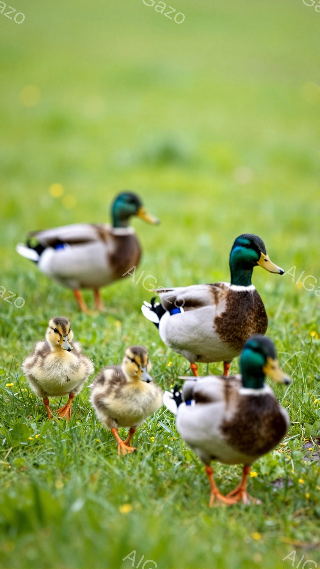 緑の草の上をアヒルとその雛が歩いている。親アヒルの鮮やかな青い羽と、ふわふわとした黄色い雛が印象的だ。背景はぼやけており、穏やかで平和な雰囲気である。 - AI生成フリー素材