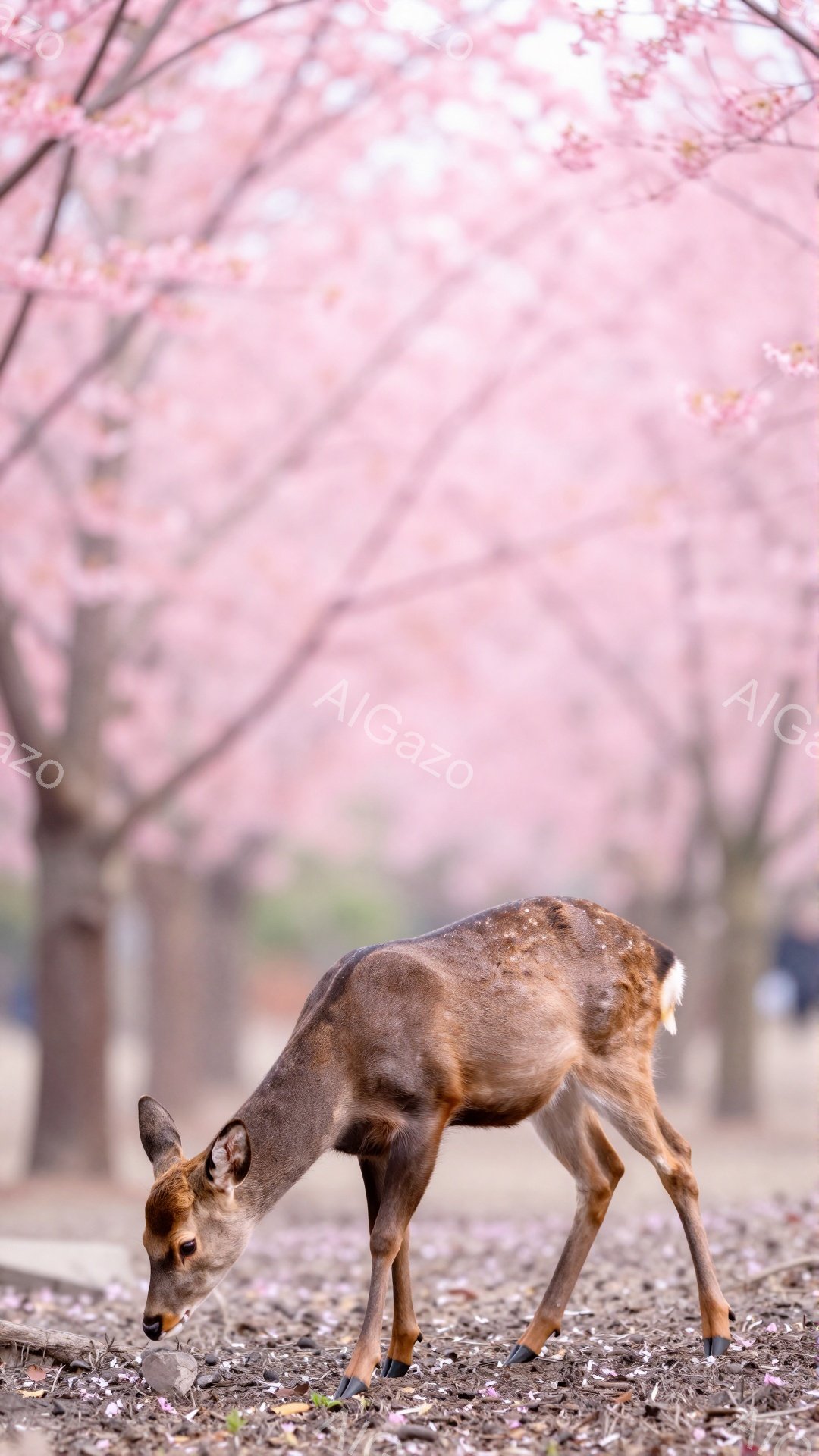 桜並木の中で、一頭のシカが地面の何かを食べています。春の暖かい日差しの中で、桜の花びらが舞い散り、シカは穏やかな雰囲気の中で食事を楽しんでいるようです。背景にはぼやけた桜の木々が広がっており、全体的に優しい印象を与える写真です。