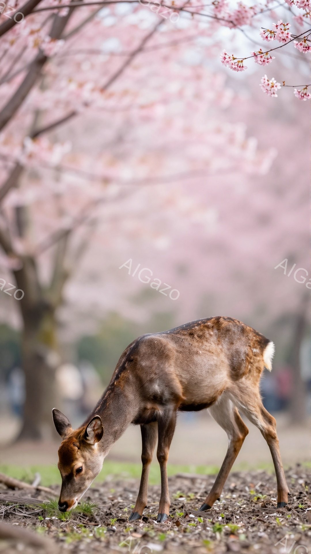 奈良公園でシカが草を食べている写真です。背景には桜の木があり、ピンク色の花びらが美しく散っています。穏やかな春の日の光景で、シカはリラックスした様子で食事を楽しんでいます。 - AI生成フリー素材