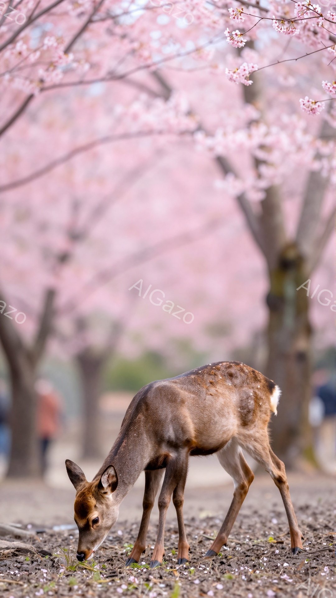 桜並木の下で、鹿が地面の落ち葉をついばんでいます。柔らかいピンク色の桜の花びらが舞い、春の穏やかな雰囲気を醸し出しています。鹿の毛並みは滑らかで、背景の桜とのコントラストが美しいです。