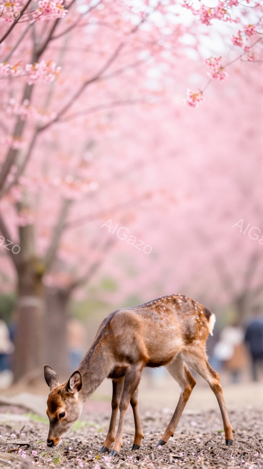 桜並木の中で、若い雄鹿が地面の何かを食べている。ピンク色の花びらが舞い散り、春の暖かな雰囲気が伝わる。背景にはぼんやりと人々が見え、穏やかな光が全体を包んでいる。