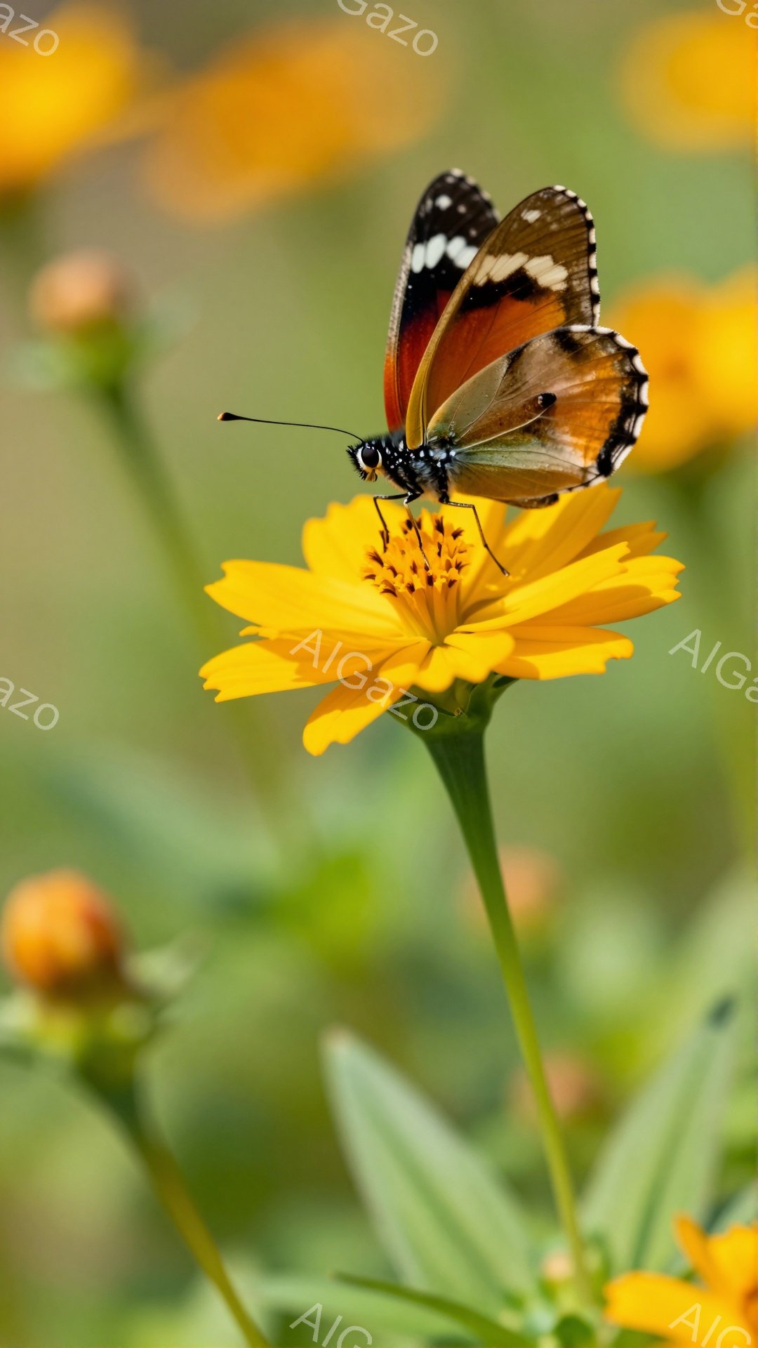 黄色い花に赤と黒の蝶がとまっている。蝶は翼を広げ、蜜を吸っているようだ。背景は緑の葉と他の黄色い花で、明るく暖かい雰囲気である。 - AI生成フリー素材