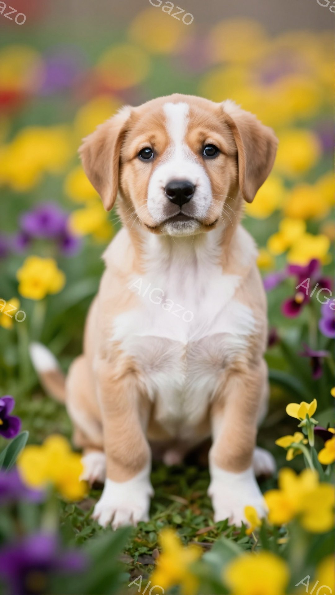 明るい花畑に座る小さな子犬がいます。白い足と胸元が特徴的なオレンジ色の毛並みで、まっすぐ前を見ていて、好奇心旺盛な表情をしています。背景には紫や黄色の花が咲き乱れ、春らしい温かい雰囲気が漂っています。 - AI生成フリー素材