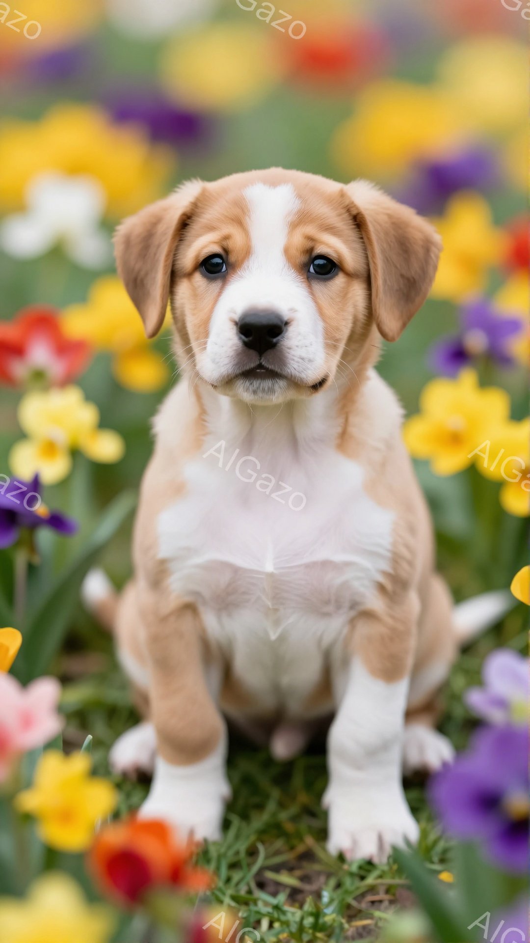 明るい花畑に座る子犬。クリーム色と白の毛並みで、大きな瞳が印象的です。背景の花々が春の暖かさを感じさせます。