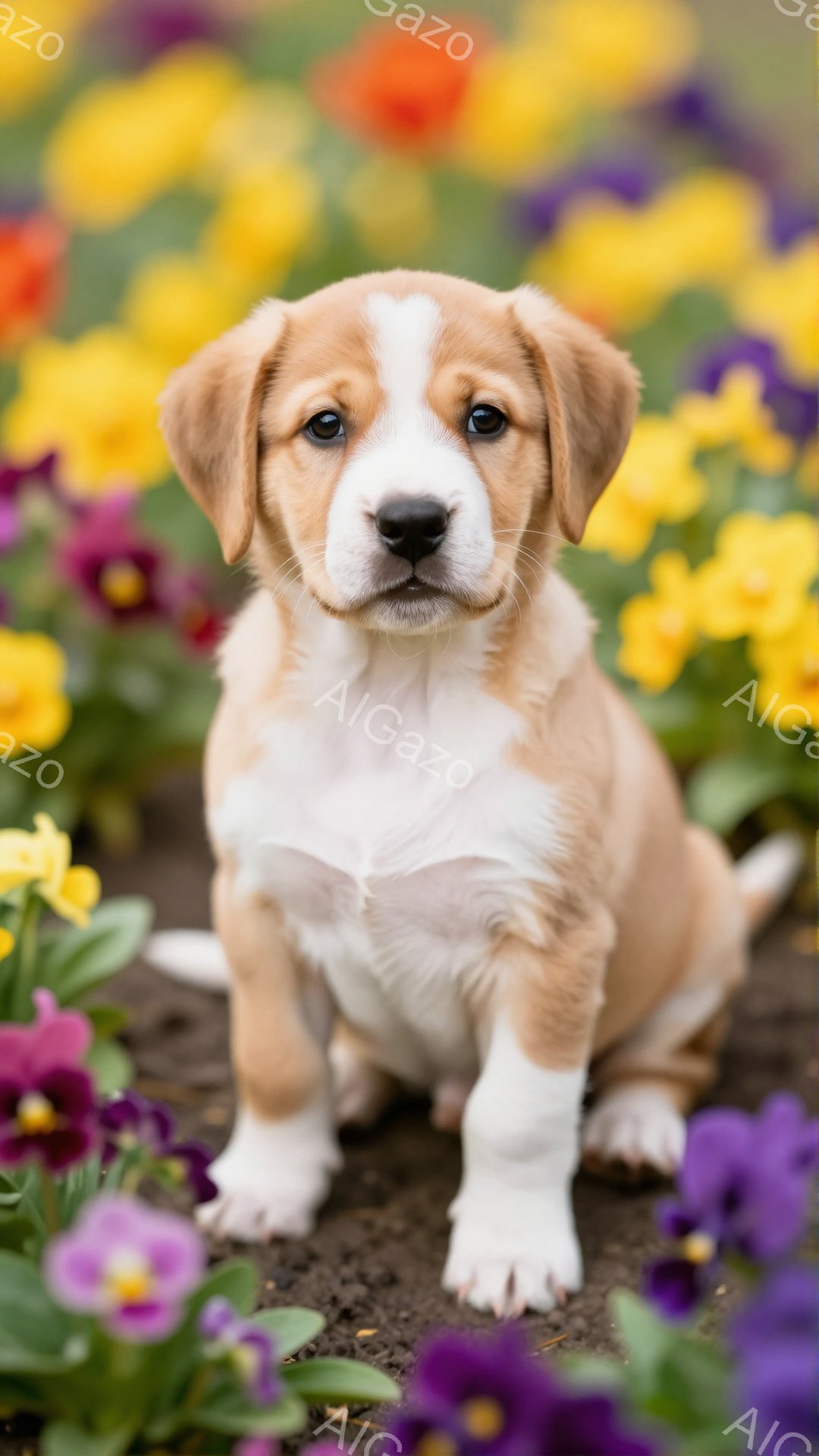 小さなクリーム色のパピーが紫、黄色、オレンジ色の花々に囲まれた土の上に座っている。パピーは正面をまっすぐ見ており、愛らしく、無邪気な表情をしている。背景の花々は春の暖かさを感じさせる鮮やかな色合いで、パピーの可愛らしさをさらに引き立てている。