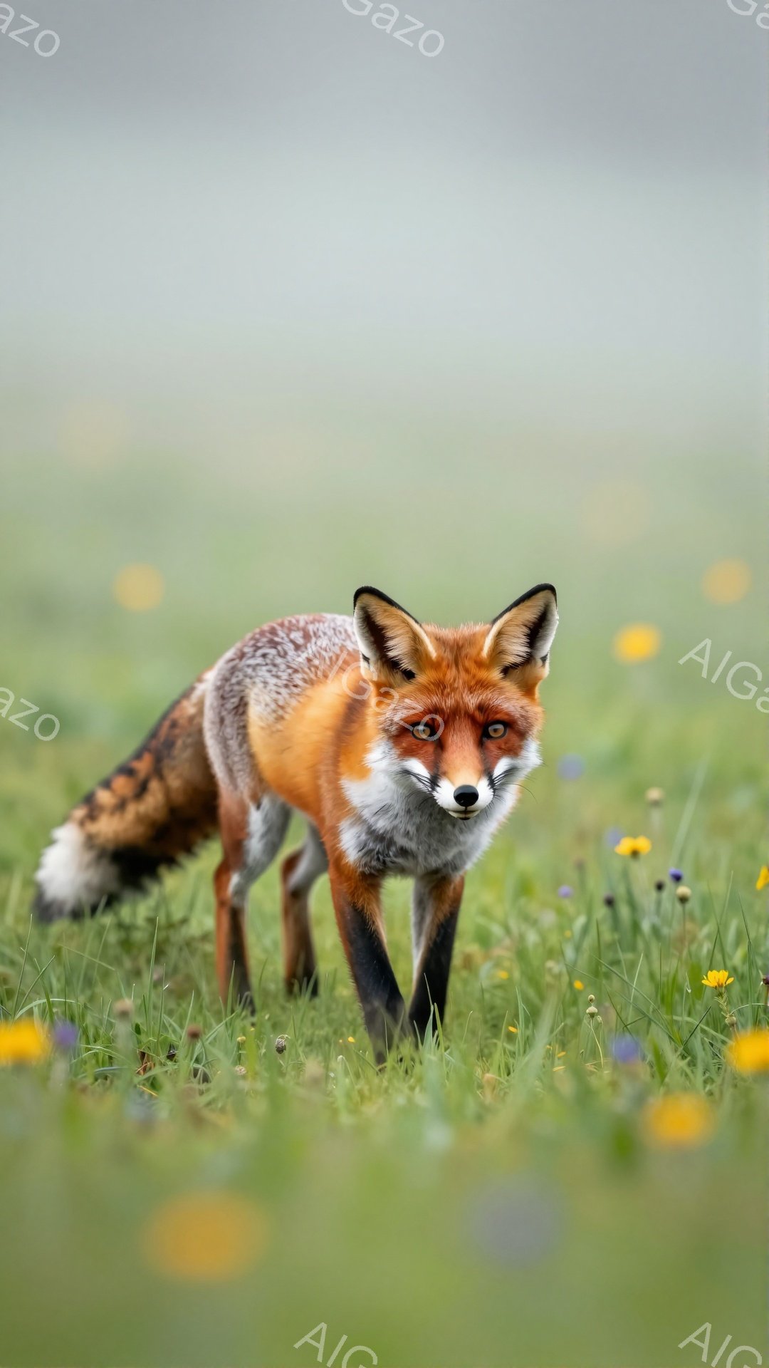 鮮やかなオレンジ色の毛並みを持つキツネが、緑の草むらの中を歩いている。その表情は鋭く、視線はカメラの方を捉えている。背景には、黄色や紫の花々がぼんやりと見え、自然豊かな雰囲気が漂う。 - AI生成フリー素材