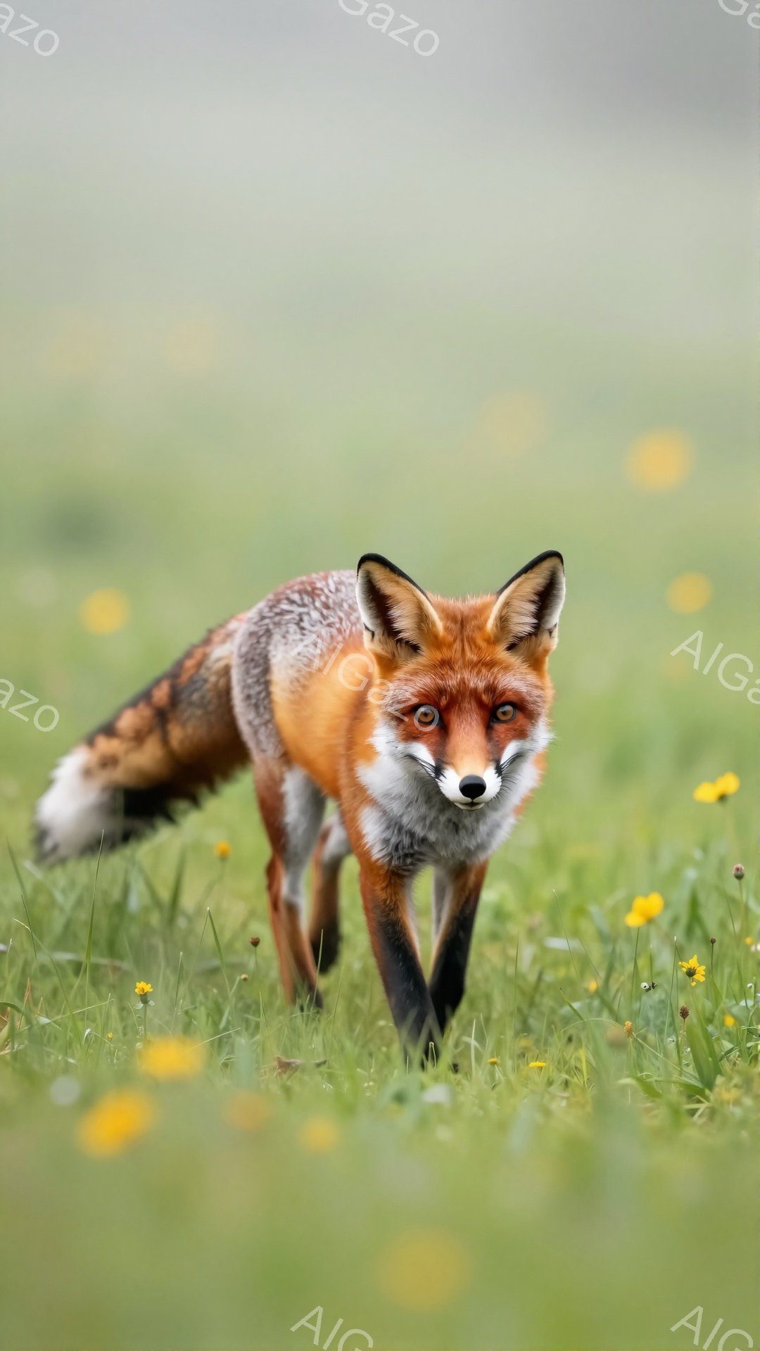 鮮やかなオレンジ色の毛並みを持つキツネが、緑豊かな草原の中を歩いている。その視線は鋭く、何かを探しているかのように周囲を見渡している。背景には黄色い花々が咲き乱れ、柔らかな光がキツネを照らしている。