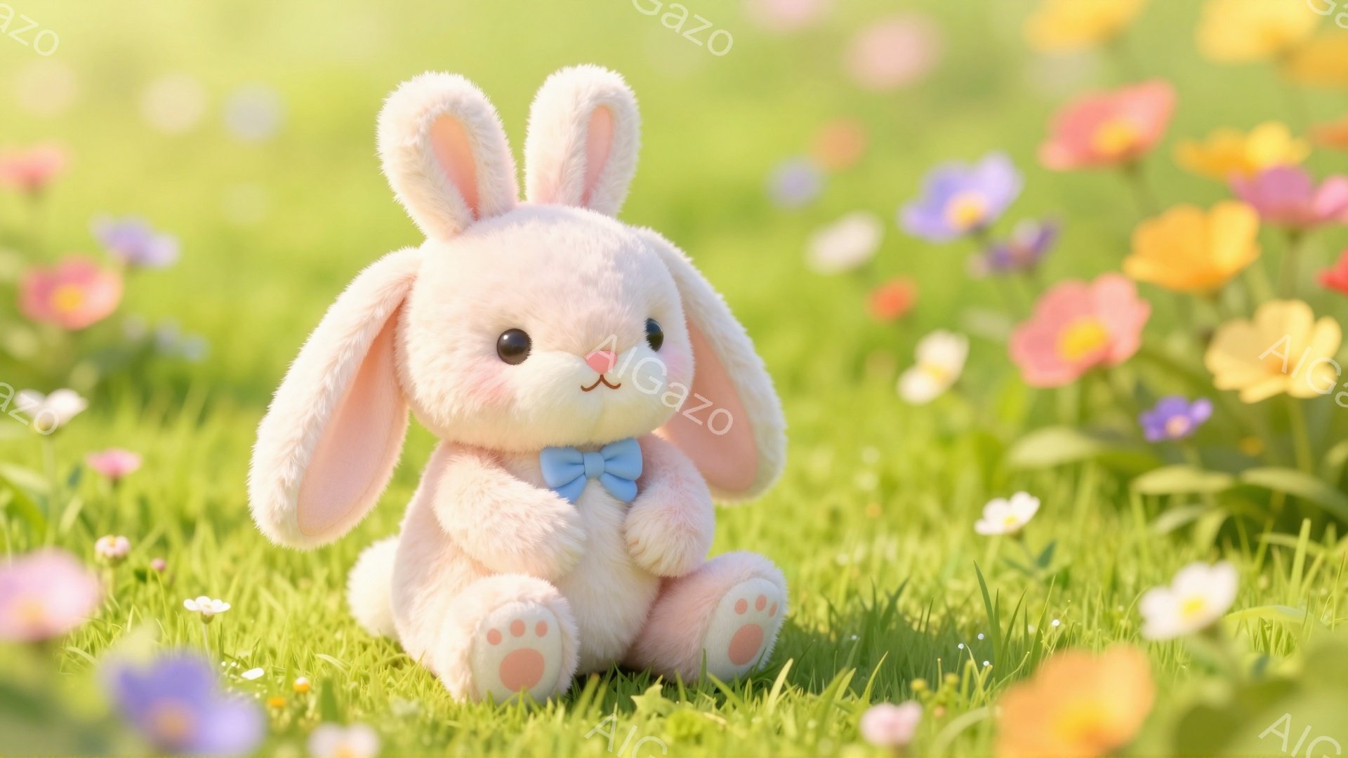ふわふわのピンク色のウサギのぬいぐるみが、緑豊かな草むらの上に座っています。青い蝶ネクタイが可愛らしく、優しい表情をしています。背景には色とりどりの花が咲き乱れ、暖かく穏やかな雰囲気です。