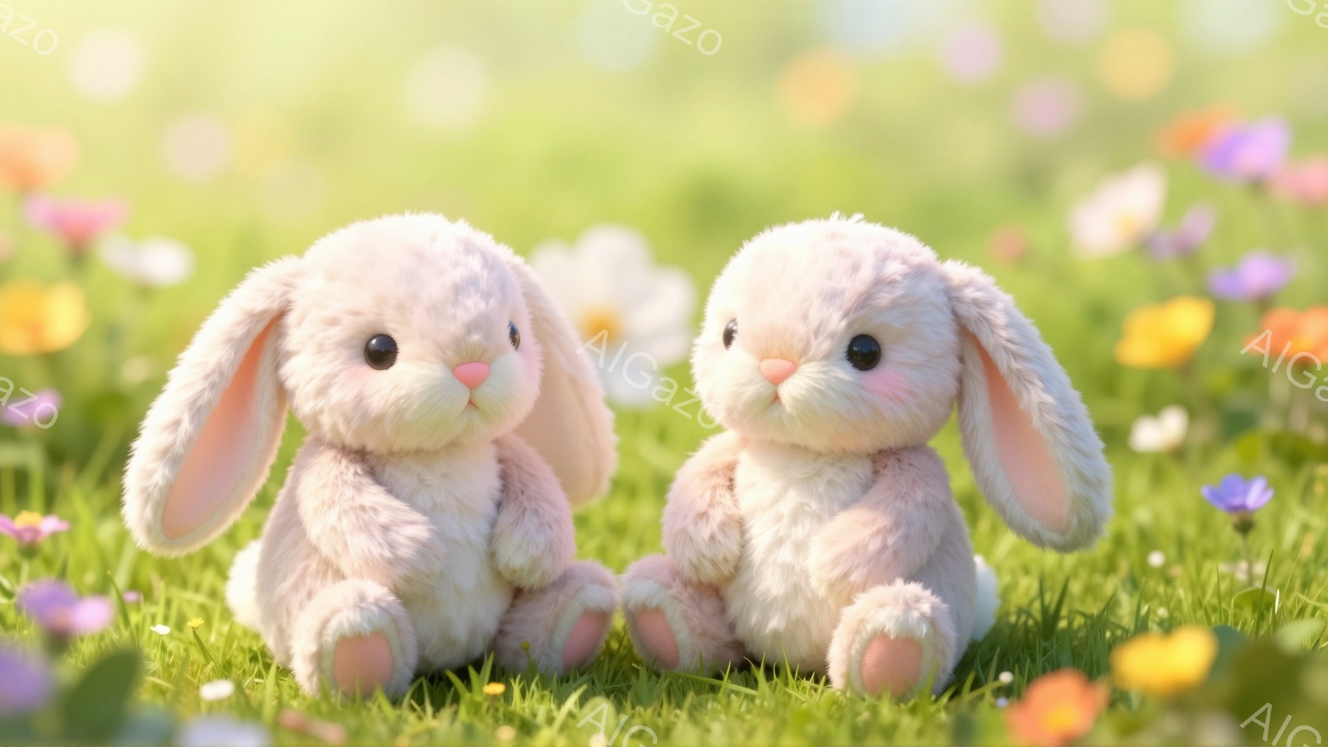 ふわふわのピンク色のウサギが二匹、緑の草の上に並んで座っています。周りには色とりどりの小さな花が咲き乱れ、春の暖かく穏やかな雰囲気を感じさせます。ウサギたちは丸い目をして、可愛らしい表情をしています。 - AI生成フリー素材