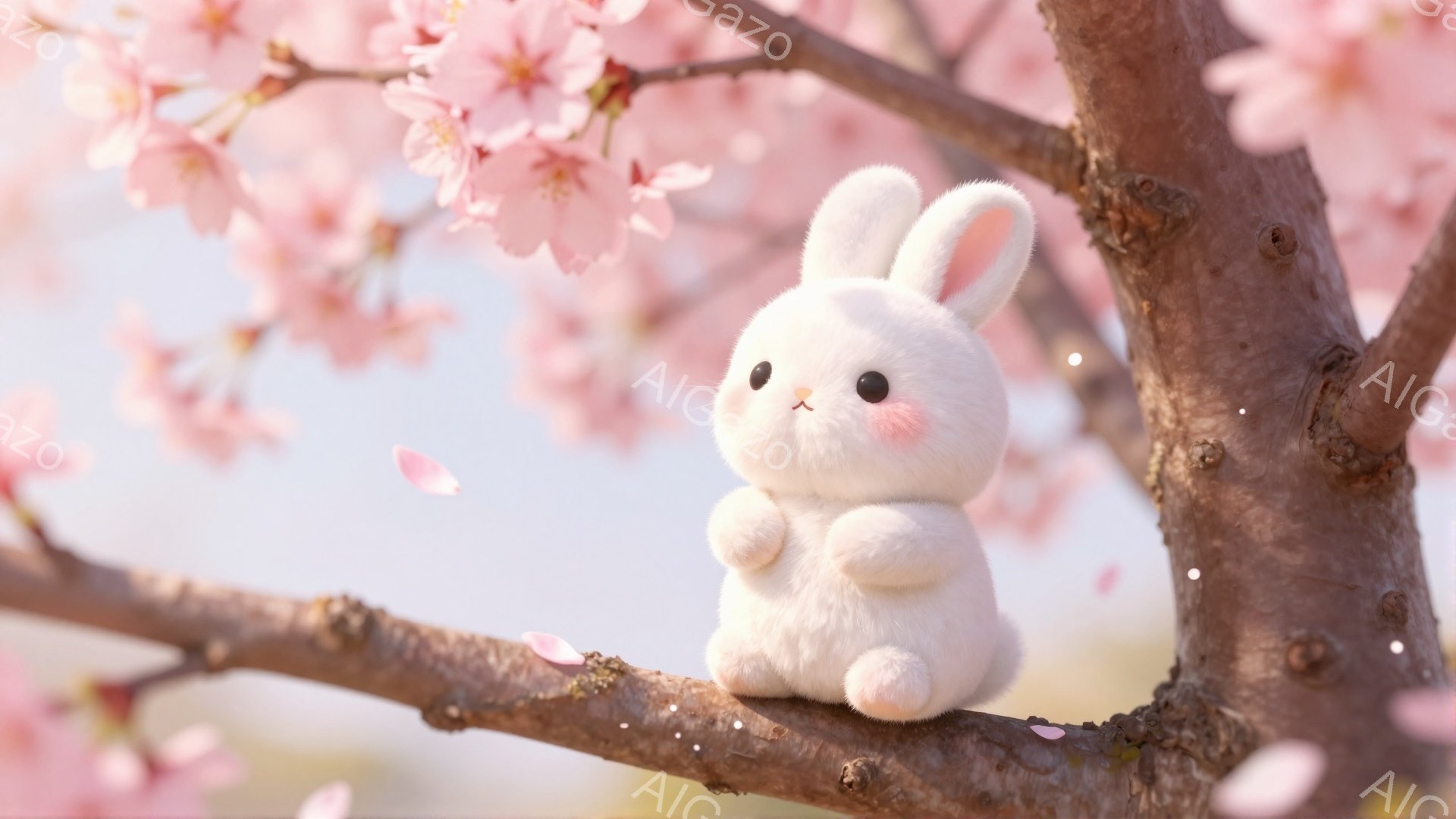 ふわふわの白いウサギが桜の枝にちょこんと座っています。柔らかな光が差し込み、桜の花びらが舞い散る、春らしい穏やかな雰囲気です。ウサギは丸く可愛らしいフォルムで、ほほえましい表情をしています。 - AI生成フリー素材