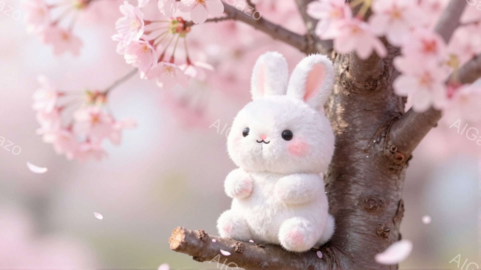 桜の枝に座っているふわふわの白いウサギのぬいぐるみです。ピンク色の花びらが舞い散り、春の暖かさと可愛らしさを感じさせます。ウサギは丸くて愛らしい姿で、穏やかな表情をしています。 - AI生成フリー素材