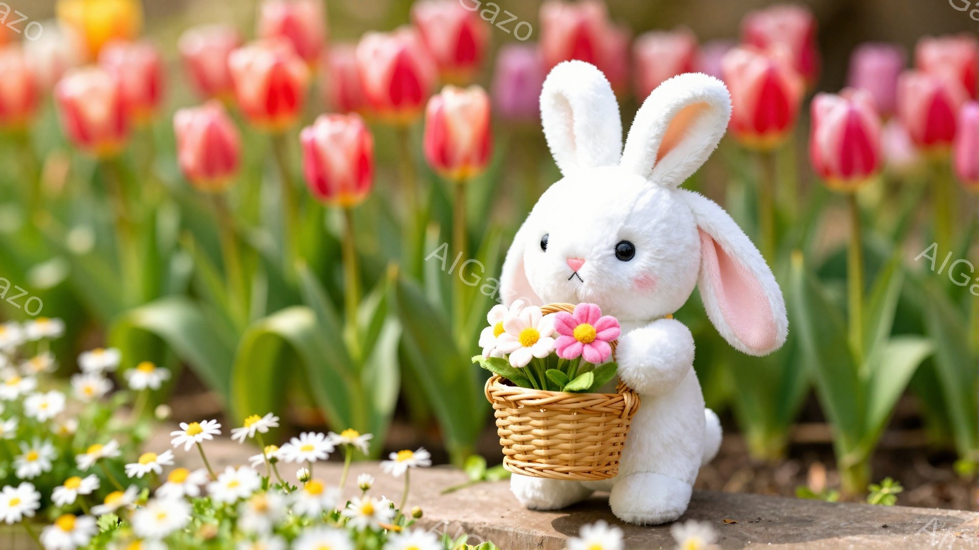 白いウサギのぬいぐるみが、小さなバスケットを抱えて微笑んでいます。背景には、赤やピンクのチューリップが咲き乱れ、白いデイジーが咲き誇る可愛らしい庭園が広がっています。春の暖かな日差しの中で、幸福な雰囲気が漂う穏やかなシーンです。