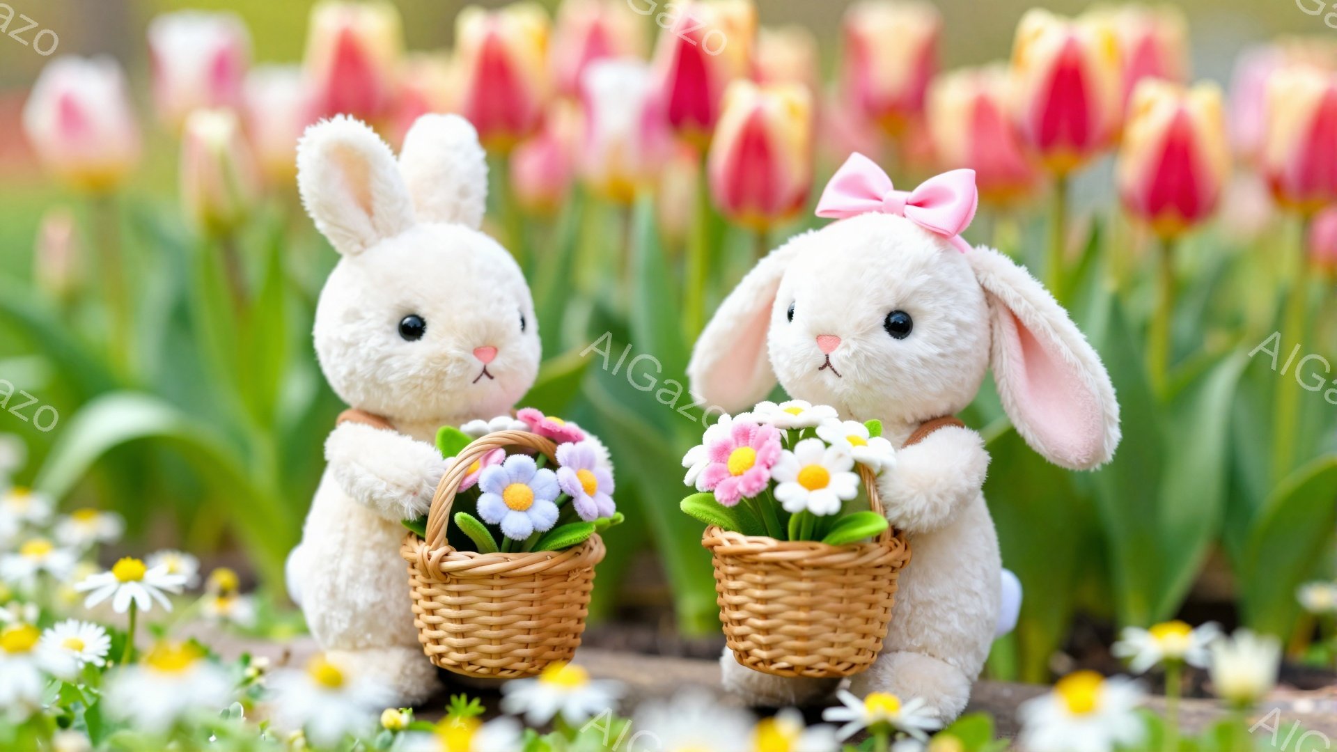ふわふわの白いウサギが二人、小さな花かごを抱えています。背景には色とりどりのチューリップが咲き、春の暖かい日差しの中で可愛らしい姿が際立っています。花かごの中には、デイジーやその他の小さな花が綺麗に飾られています。