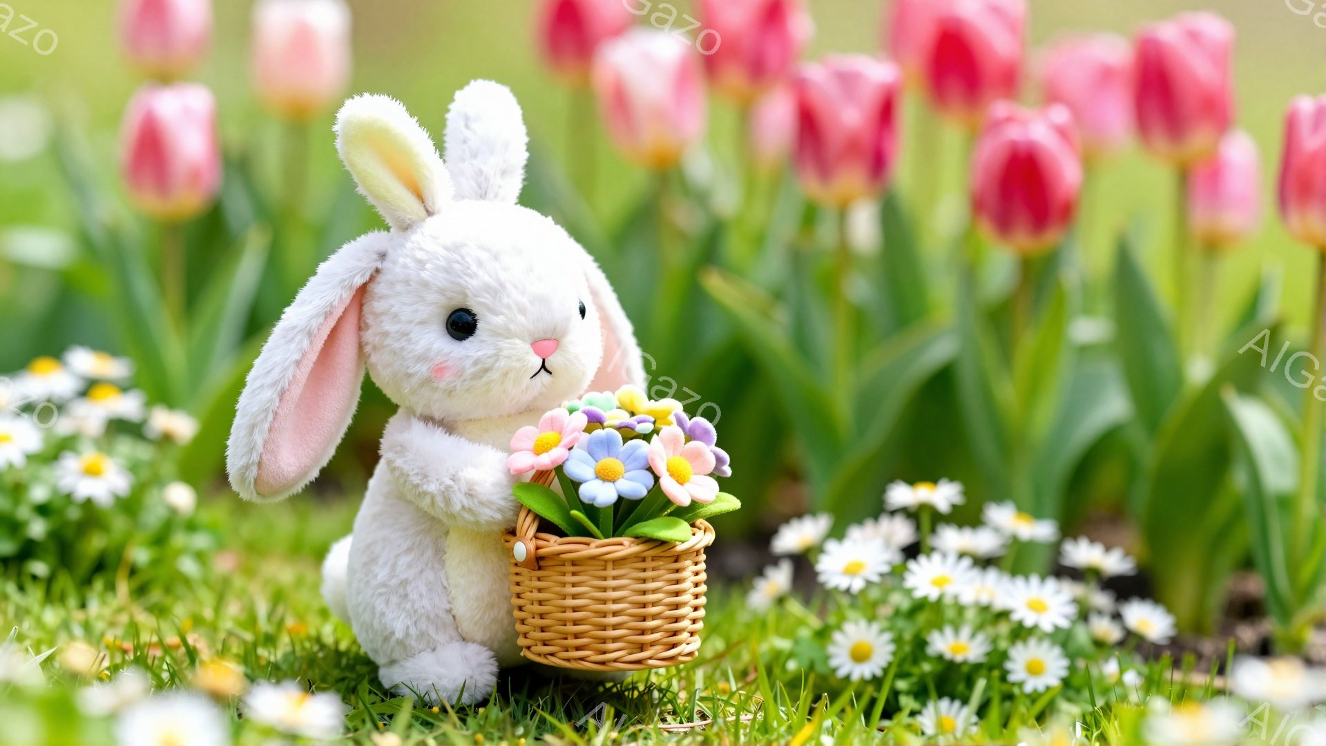 白いウサギが花かごを持って、緑の草原に立っています。背景にはピンクと紫のチューリップが咲き乱れ、白いデイジーが点在しています。春らしい暖かく、可愛らしい雰囲気です。