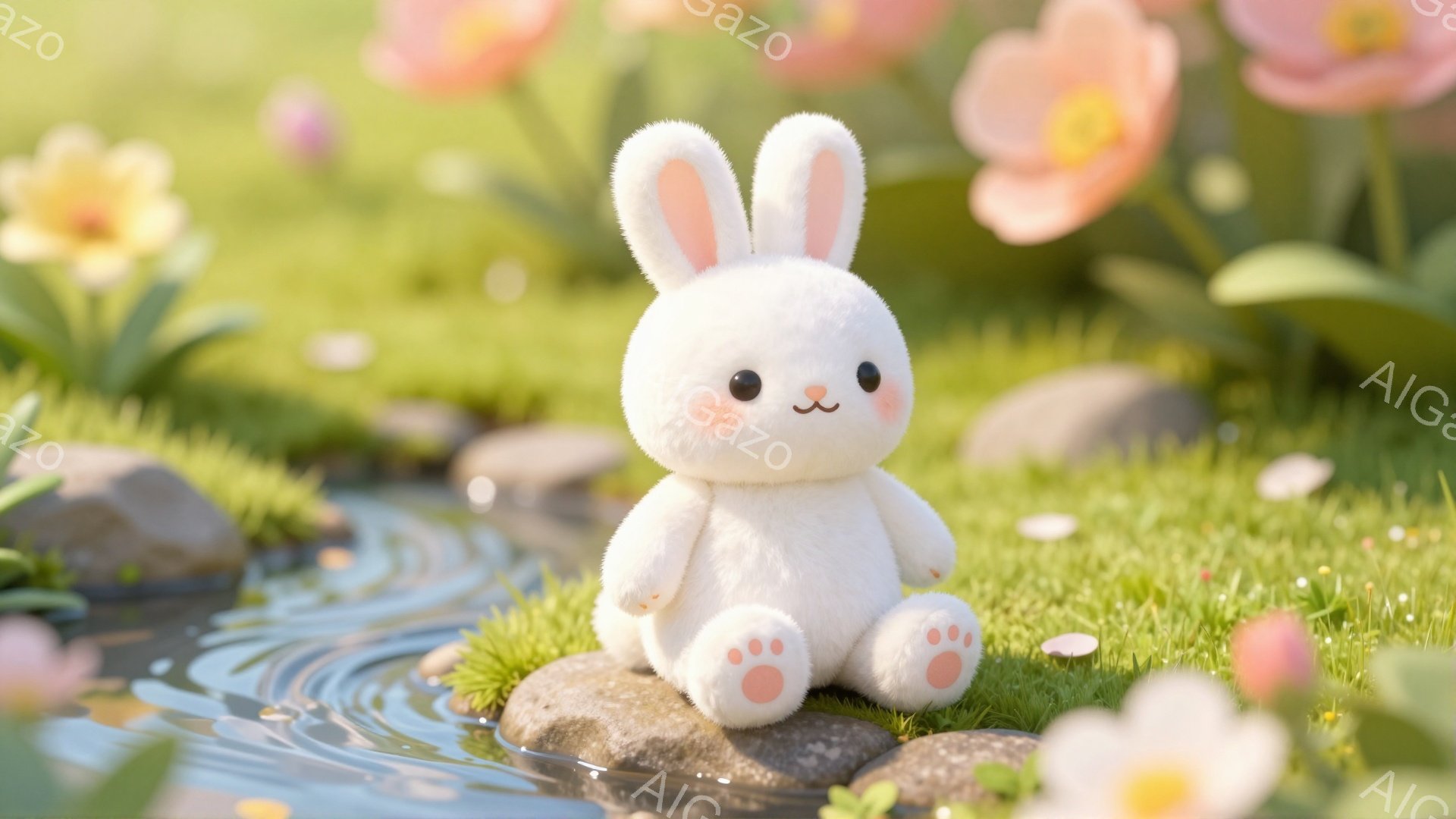 白いふわふわのうさぎが、緑の草地にある岩の上に座っています。背景には、ピンクと黄色の花が咲き乱れ、水面には光が反射してきらきらと輝いています。穏やかで牧歌的な雰囲気を感じさせる、可愛らしい光景です。