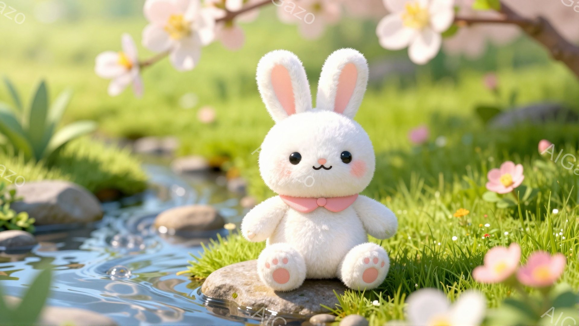 白いウサギのぬいぐるみは、小川のそばの岩の上に座ってリラックスしています。ピンクの小さなリボンを首に巻いていて、可愛らしい表情をしています。背景にはピンク色の花が咲き誇り、春らしい穏やかな雰囲気です。