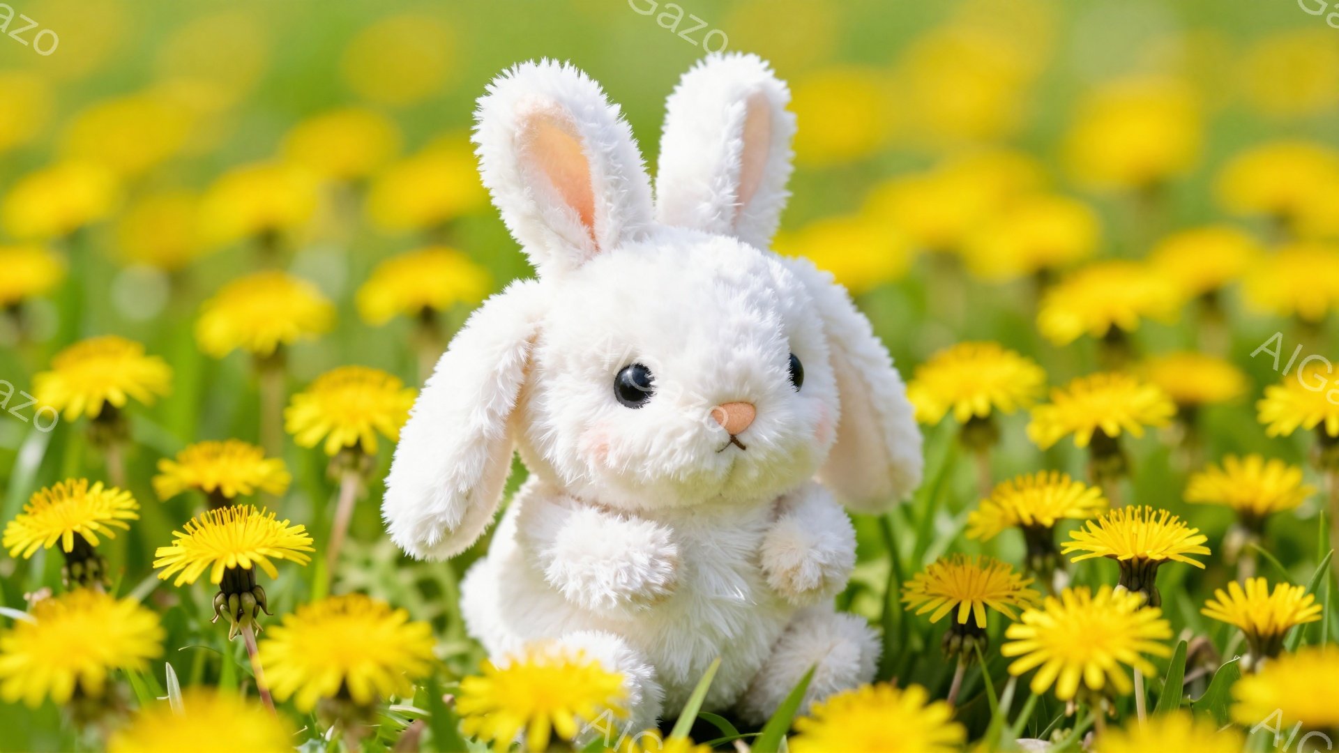 ふわふわの白い子ウサギがタンポポがたくさん咲いた緑の草原の中に座っています。 大きな耳とつぶらな瞳が可愛らしく、春らしい穏やかな雰囲気が漂っています。 鮮やかな黄色いタンポポがウサギを囲み、暖かく優しい印象を与えます。