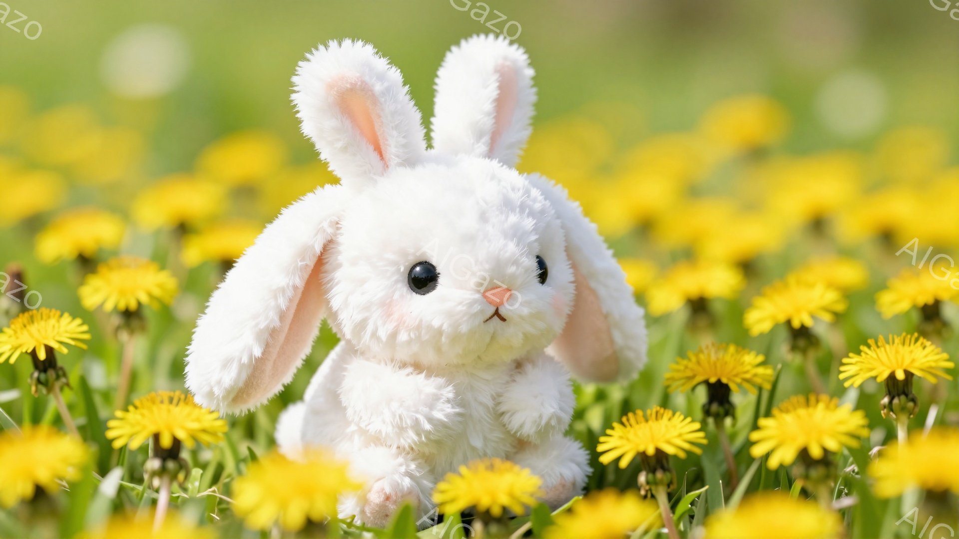 白い毛並みのうさぎがタンポポがたくさん咲いている草原の中にいます。うさぎは正面を見つめていて、つぶらな瞳が特徴的です。春らしい暖かく穏やかな雰囲気が感じられます。