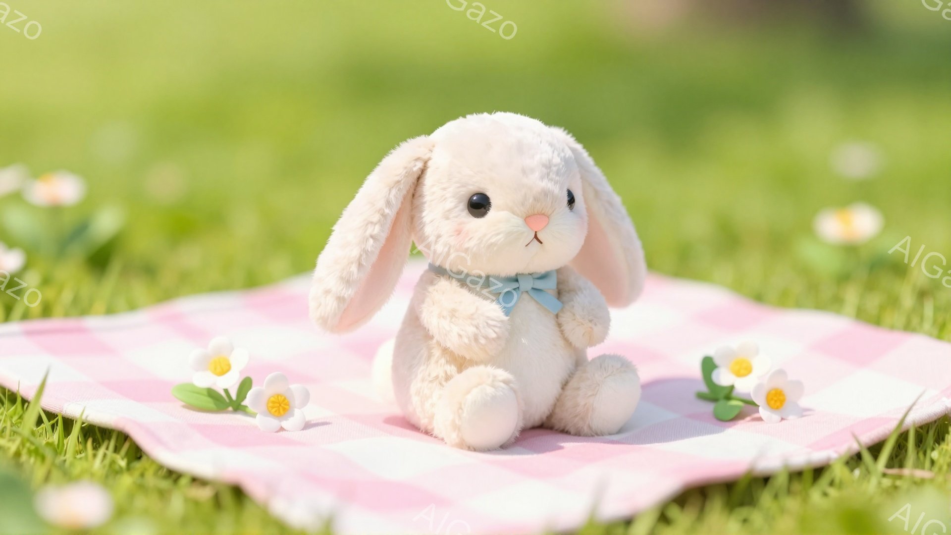 ふわふわの白いウサギのぬいぐるみは、ピンク色のチェックのブランケットの上に座っています。小さな青いリボンが首に巻かれていて、とても可愛らしいです。背景には緑の草と白い花が咲き乱れ、春らしい穏やかな雰囲 - AI生成フリー素材