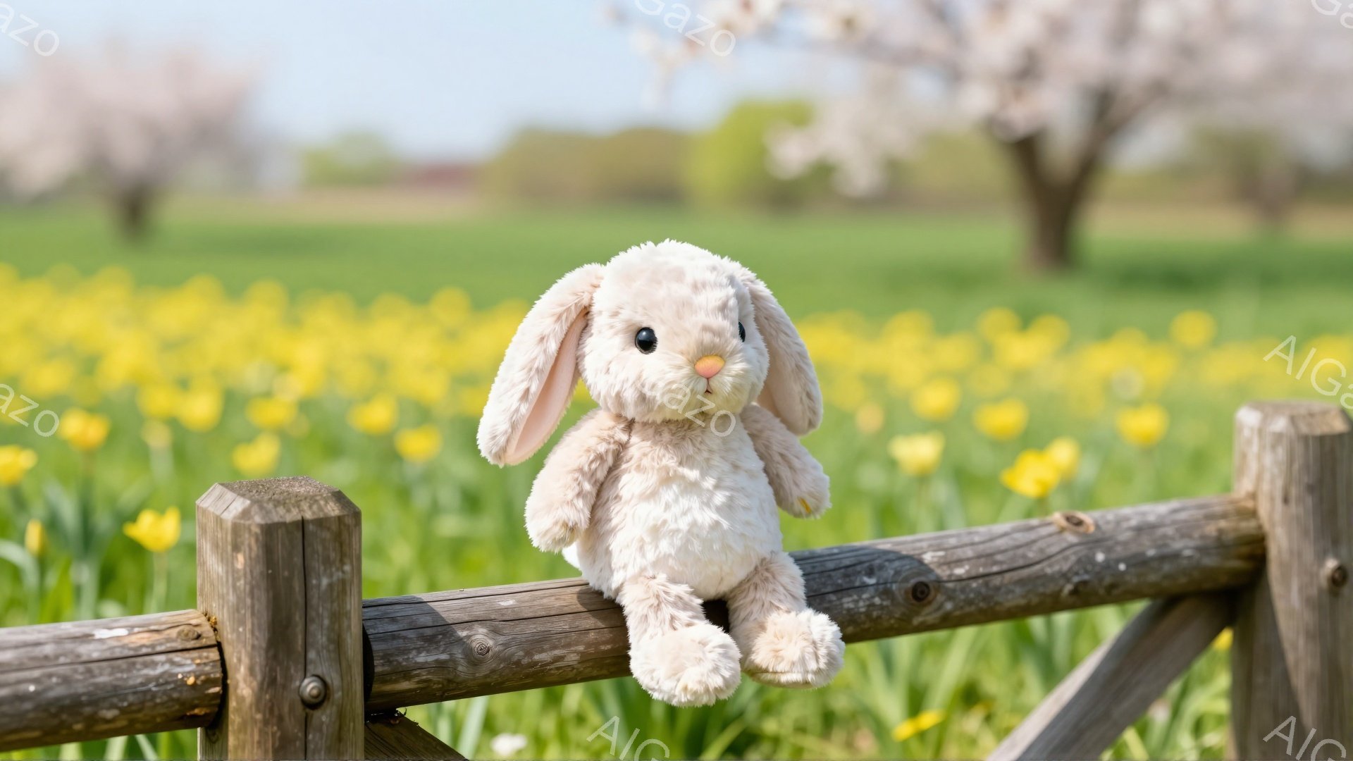 淡いクリーム色のウサギのぬいぐるみは、木製の柵の上に座ってこちらを見ています。背景には、鮮やかな黄色の花が咲き乱れる緑の草原と、桜の木が見えます。春らしい穏やかで暖かい雰囲気の写真です。