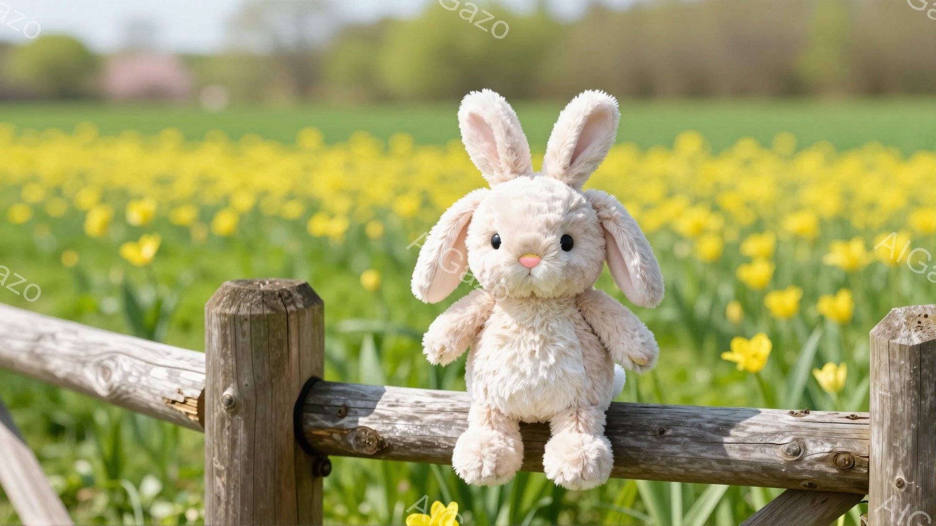 明るい日差しの中、柵に座っているふわふわのクリーム色のウサギのぬいぐるみです。背景には黄色い花が咲き乱れる野原が広がっており、春の穏やかな雰囲気を醸し出しています。ウサギは丸い目をしていて、とても可愛らしい印象を与えます。