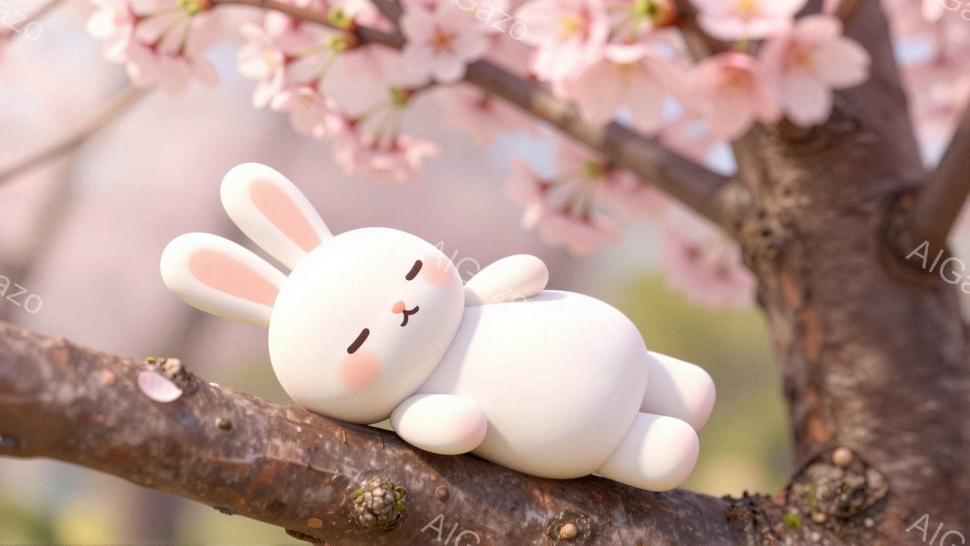 白くてふわふわしたウサギが枝の上で眠っています。ピンク色の桜の花が背景にあり、春の穏やかな雰囲気を醸し出しています。ウサギの頬はほんのり赤く、とても可愛らしいです。
