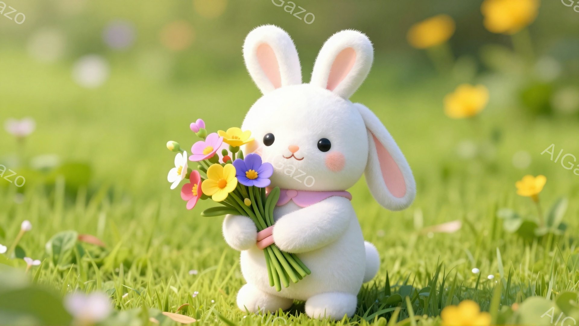 ふわふわの白い子ウサギが、色とりどりの花束を抱えています。緑の草むらの中にちょこんと座り、嬉しそうな表情をしています。背景はぼやけており、春の穏やかな雰囲気が漂っています。