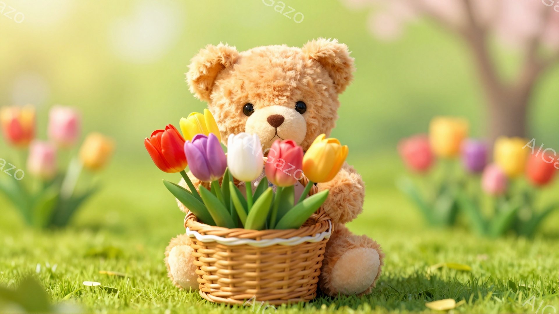 緑の芝生の上に座った、可愛らしいテディベアがバスケットいっぱいのチューリップの花を持っている。背景にはぼやけた花畑と木々があり、春の暖かく穏やかな雰囲気が漂っている。テディベアは優しい表情で、平和で牧 - AI生成フリー素材