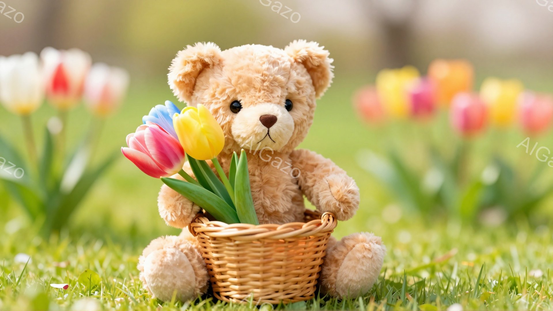 緑の草の上に、籐で編まれたバスケットに座っているテディベアがいます。テディベアは明るい色のチューリップの花束を抱えており、背景にはさらに多くの花がぼやけて見えます。春らしい柔らかい光が全体を包み込み、 - AI生成フリー素材