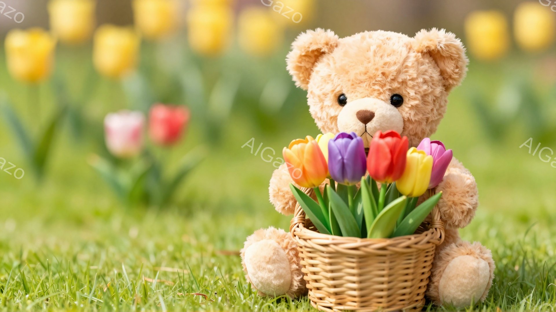 ふわふわのテディベアが、色とりどりのチューリップの花が入ったバスケットを抱えています。背景には、緑の草地とぼやけたチューリップ畑が広がり、春らしい穏やかな雰囲気が漂っています。テディベアの優しい表情と鮮やかな花々が、見る人を温かい気持ちにさせます。