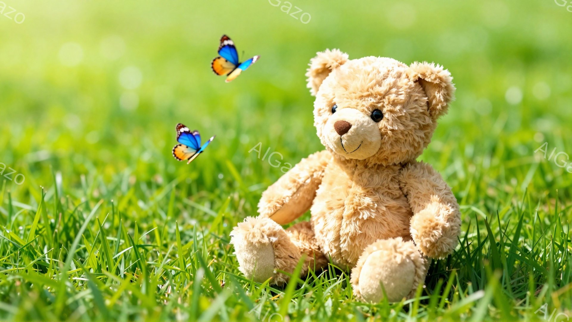 緑の草の上に座っている可愛らしいテディベアがいます。蝶がテディベアの周りを舞っており、のどかで穏やかな雰囲気が漂っています。鮮やかな緑色と優しい色合いが、平和なひとときを表現しています。