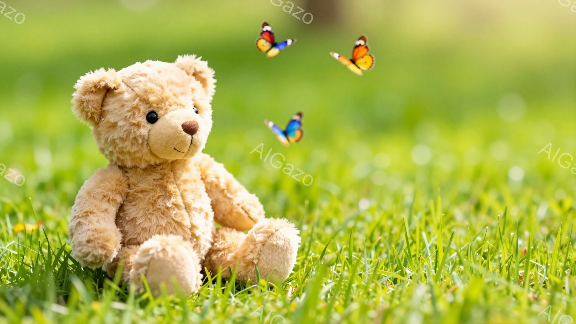 緑の草むらに座っている、優しい表情のテディベアです。周囲には色とりどりの蝶が舞い、春らしい穏やかな雰囲気を醸し出しています。光の加減が柔らかく、温かい印象を与えます。 - AI生成フリー素材